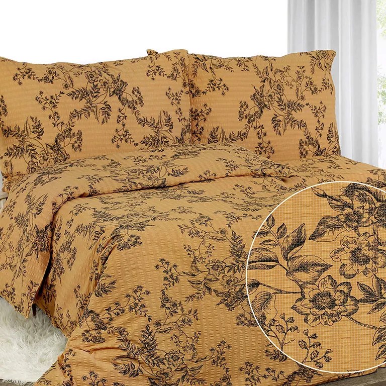 Goldea krepové posteľné obliečky - vzor 932 čierne kvety na tmavo oranžovom 140 x 220 a 70 x 90 cm
