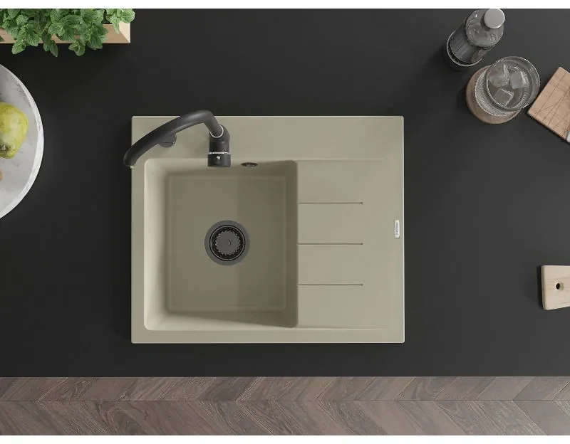 Mexen Ben, 1-komorový granitový drez 600x500x190 mm, ľavý + čierny sifón, béžová, 6522605000-69-B