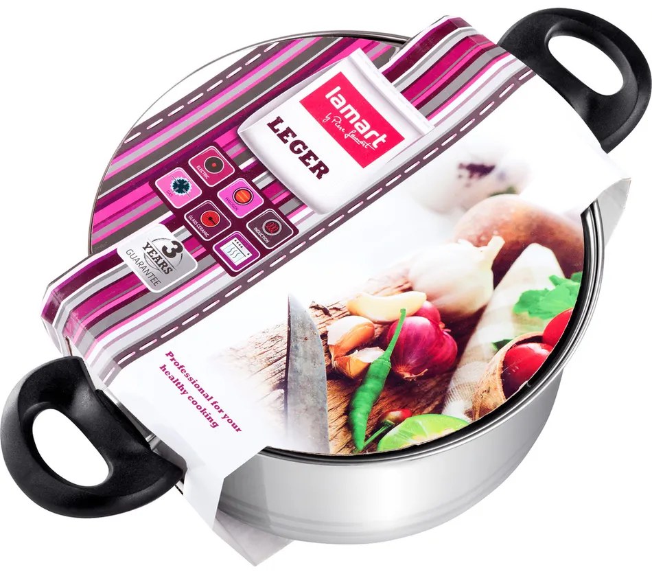 Lamart LEGER Nerezový hrniec LTB2413 240 mm 6,1 l so sklenenou pokrievkou, pr. 24 cm