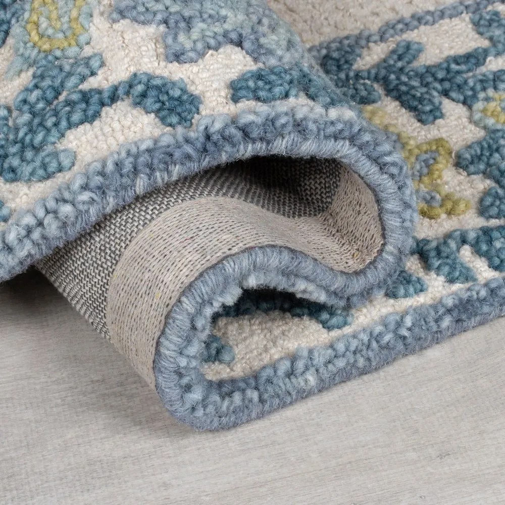 Modrý/slonovinový ručne tkaný koberec s prímesou vlny 160x230 cm Myla Floral Frame – Flair Rugs