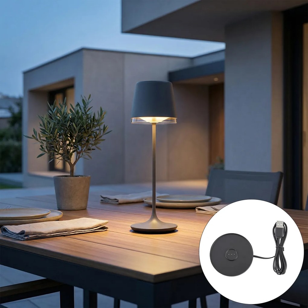 Stolná lampa tmavosivá vrátane LED IP65 nabíjateľná s nabíjacou stanicou - Bass