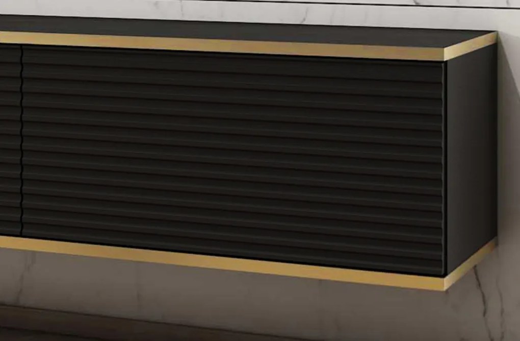 Závesná TV skrinka Orfeo, 175 cm, čierna štruktúra / zlatá