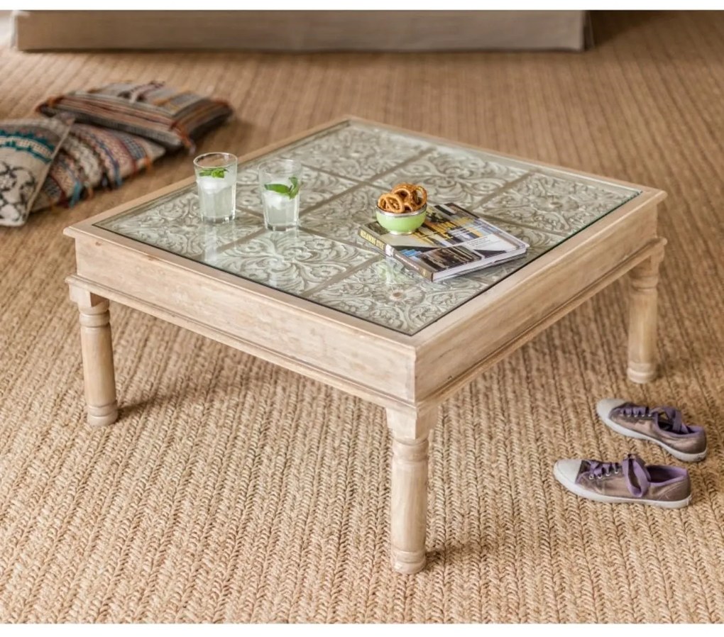 furniture-nabytek.cz - Konferenčný stolík so sklom a z dreva manga 80x45x80