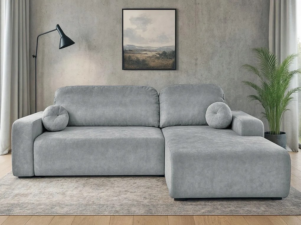 Rohová sedačka s funkciou spania Tori pravá s úložným priestorom na posteľnú bielizeň, šedý velúr