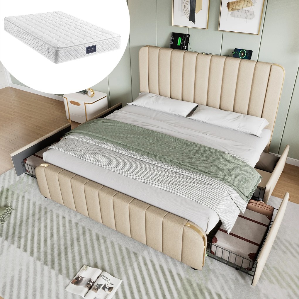 dvojlôžková čalúnená posteľ Usb typu C 140 x 200 cm, 4 zásuvky matrac