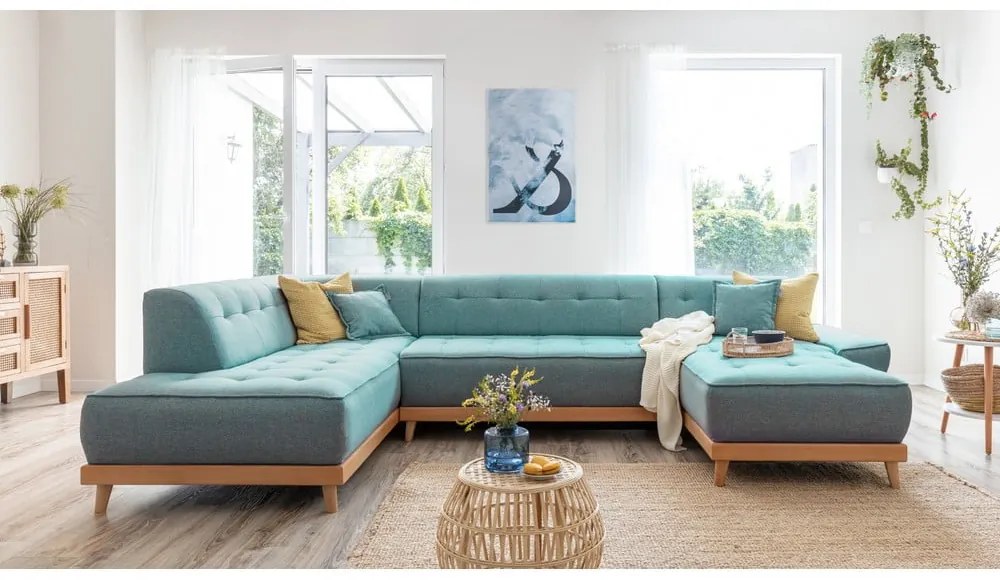 Tyrkysovomodrá rozkladacia rohová pohovka (ľavý roh/do tvaru "U") Dazzling Daisy – Miuform