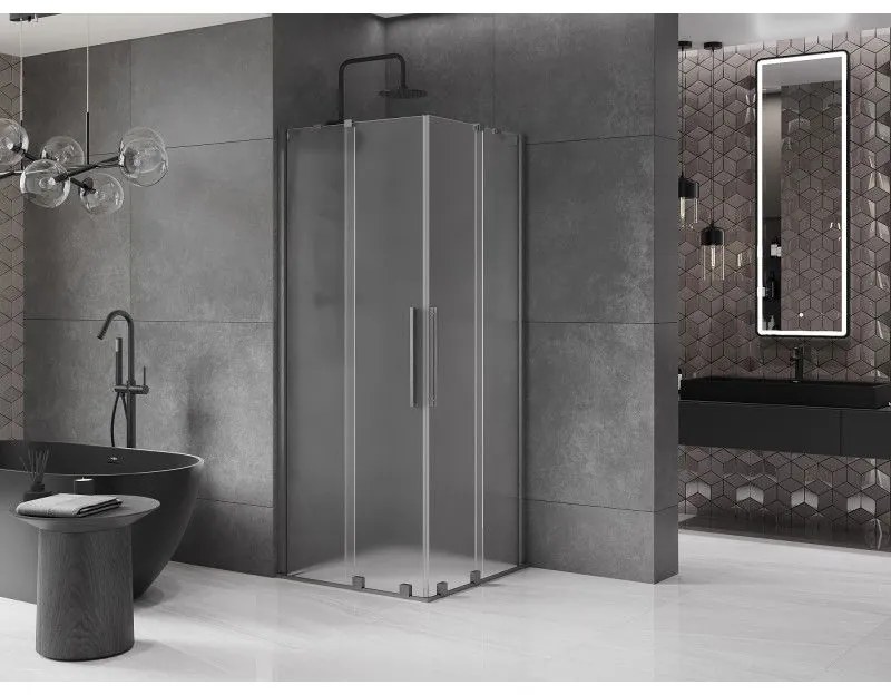 Mexen Velar Duo, sprchový kút s posuvnými dverami 90 x 90 cm, 8mm sklo námraza, grafit brúsený, 871-090-090-32-66