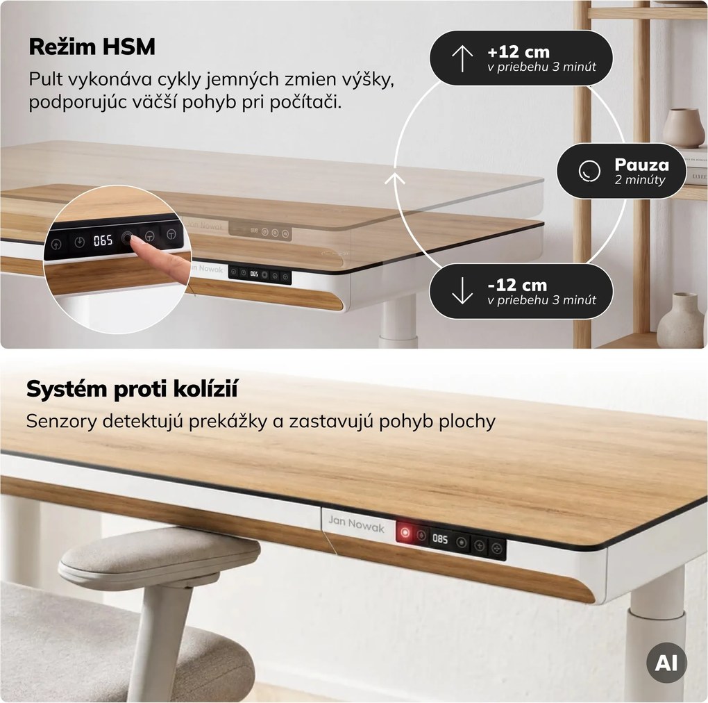 Elektrický písací stôl sit-stand so zásuvkou a bezdrôtovou nabíjačkou Qi biely/zlatý dub, 1200 mm: ELLIS