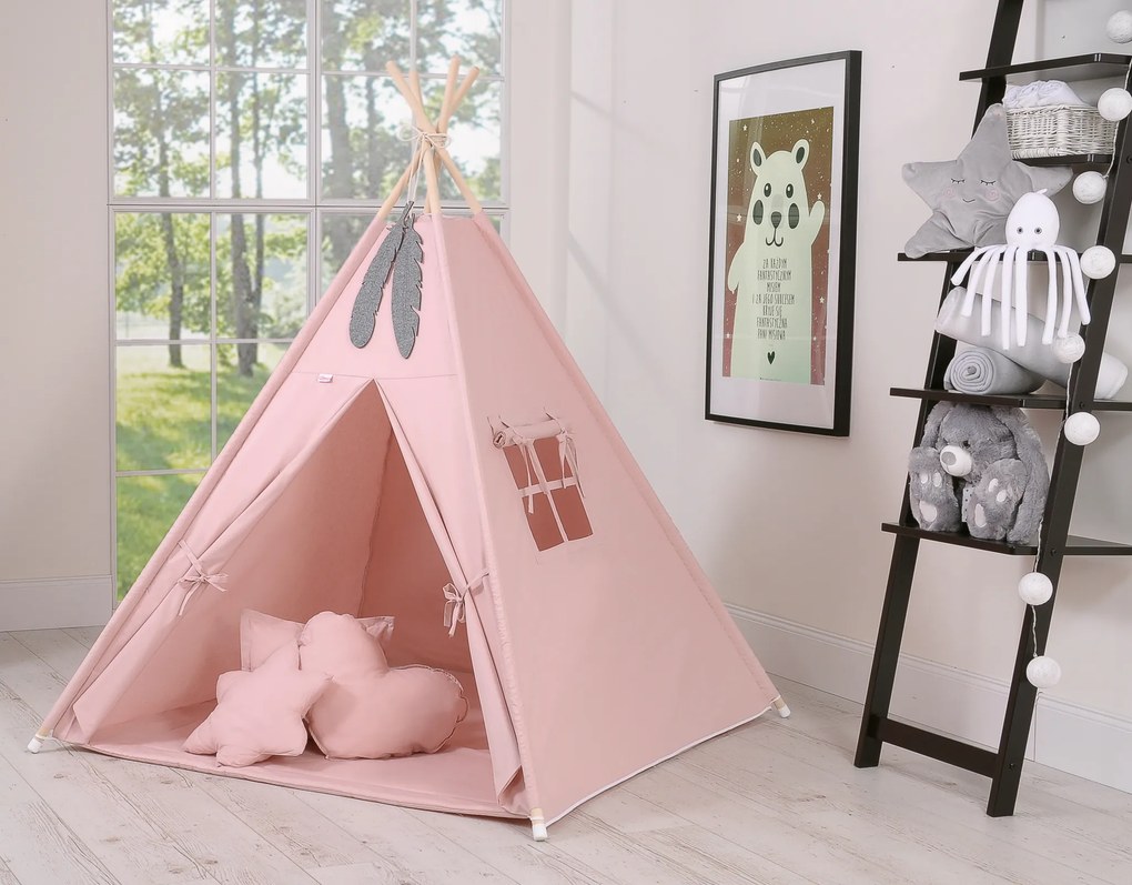 Bobono Stan Teepee pre deti + hracia podložka + vankúše + ozdobné perie - pastelovo ružová