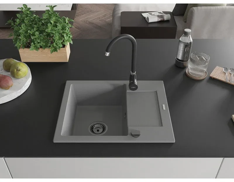 Mexen Enzo, granitový drez 576x465x174 mm, 1-komorový, šedá s čiernym sifónom, 6506571005-71-B