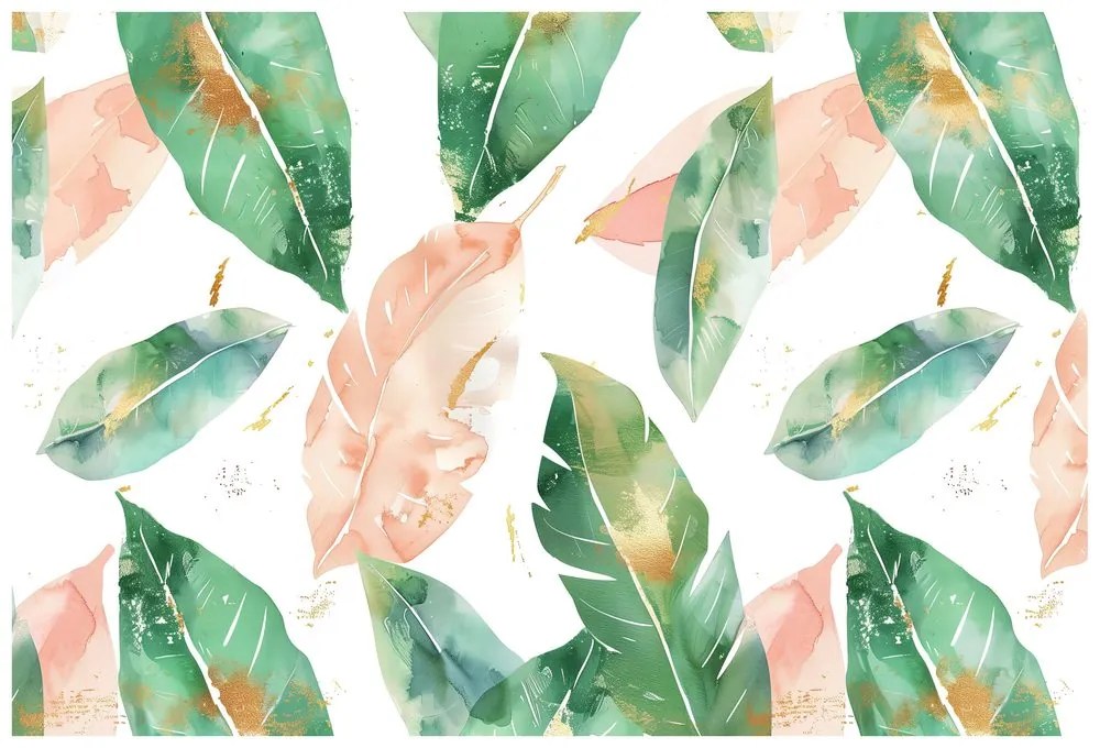 Samolepiaca tapeta akvarelové zeleno-broskyňové listy
