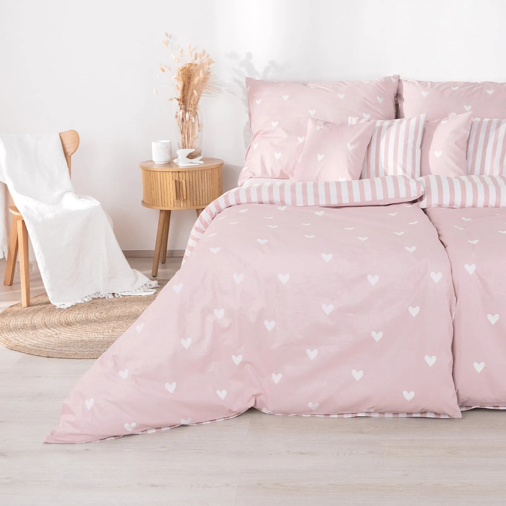 Goldea bavlnené posteľné obliečky - srdiečka na púdrovo ružovom s prúžkami 140 x 200 a 70 x 90 cm