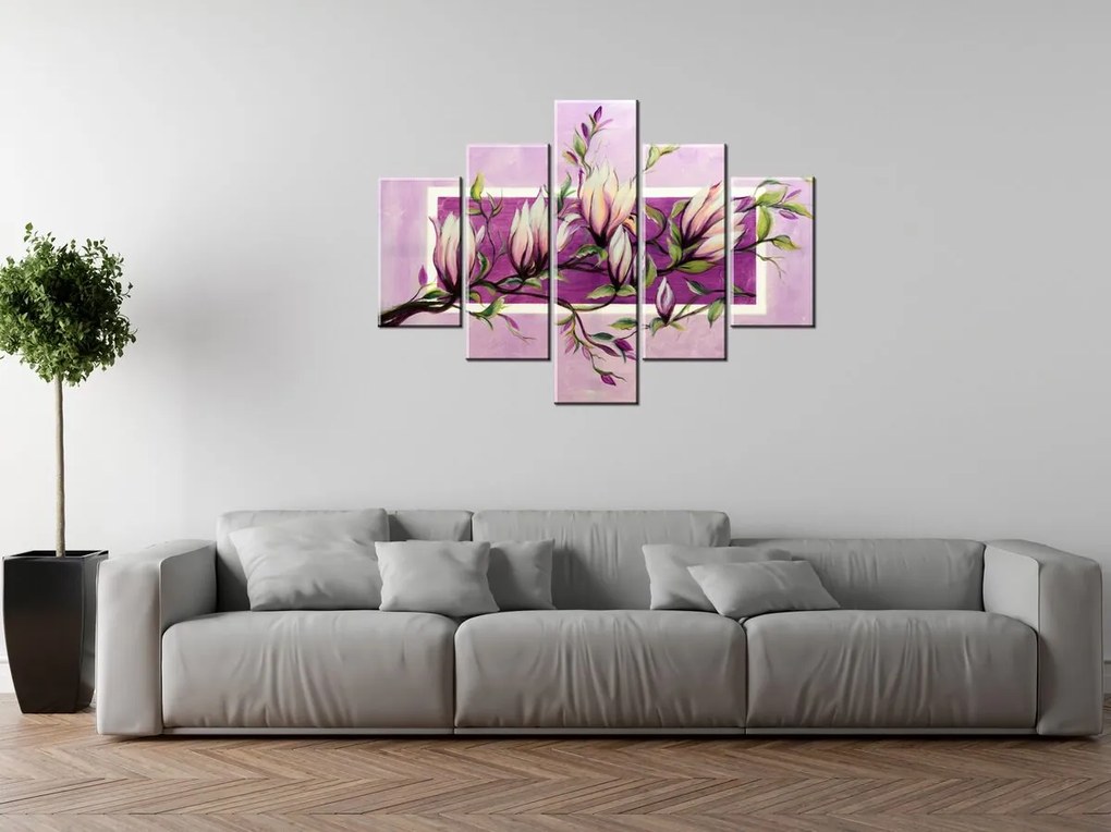 Gario Ručne maľovaný obraz Sladké magnólie - 5 dielny Rozmery: 150 x 70 cm