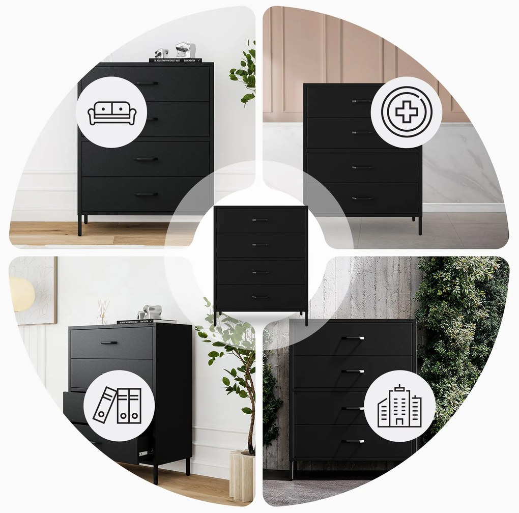 Čierna kovová komoda so zásuvkami na nožičkách CARLA Modern 800 x 1015 x 400 mm