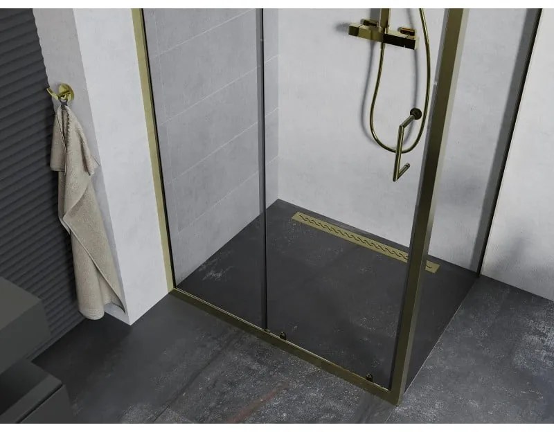 Mexen Apia, sprchový kút s posuvnými dverami 115 (dvere) x 90 (stena) cm, 6mm číre sklo, zlatý profil, 840-115-090-50-00