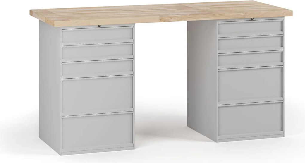 Dielenský pracovný stôl G7, buková škárovka, 1700 x 685 x 840 mm, 2x kontajner, 10 zásuviek, sivá