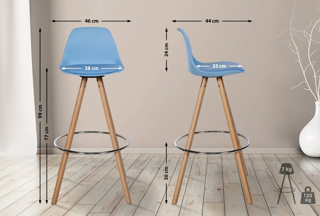 Barová stolička Corbin Round - koženka, natura rám - modrá