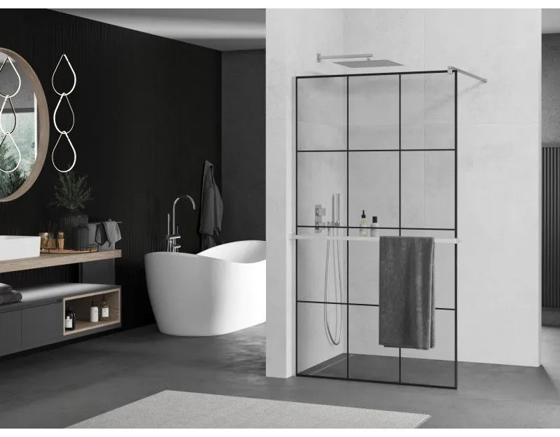 Mexen Kioto+, sprchová zástena s poličkou a držiakom na uteráky 110 x 200 cm, 8mm číre sklo vzor čierny rám, chrómový profil, 800-110-121-01-77
