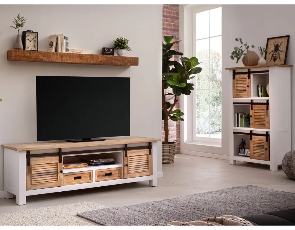 furniture-nabytek.cz - Masívna knižnica Capera z borovicového dreva a MDF, lakovaná, biela a hnedá