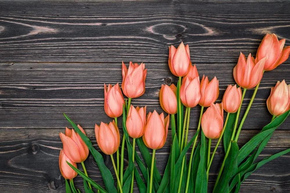 Fototapeta oranžové tulipány na drevenom podklade - 300x200