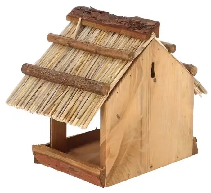 Drevené kŕmidlo so slamenou strechou Esschert Design, výška 22,8 cm