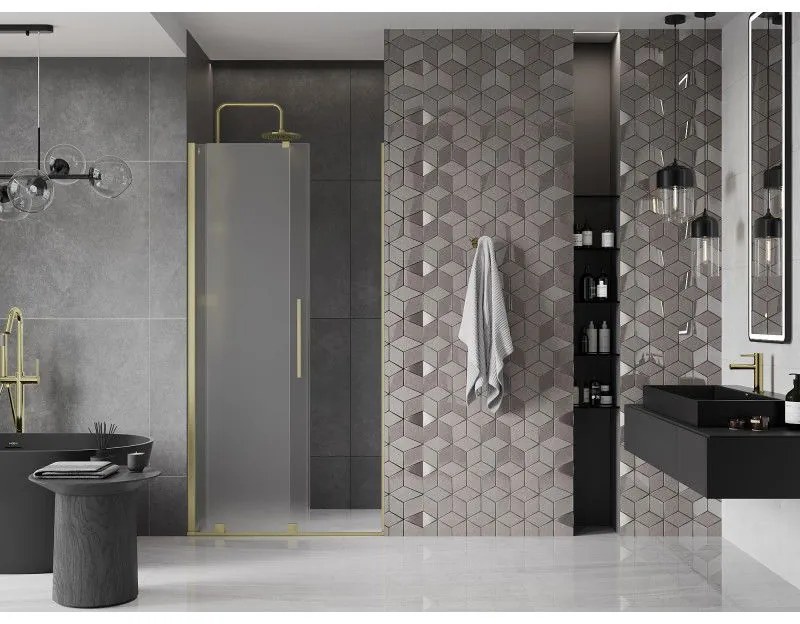 Mexen Velar, posuvné sprchové dvere do otvoru 90 cm, 8mm sklo námraza, zlatá matná, 871-090-000-31-55