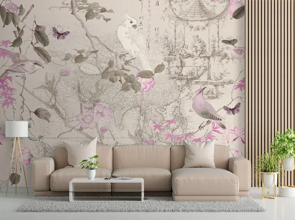 Gario Fototapeta Vtáky na ružových vetvách - Andrea Haase Materiál: Vliesová, Rozmery: 150 x 105 cm
