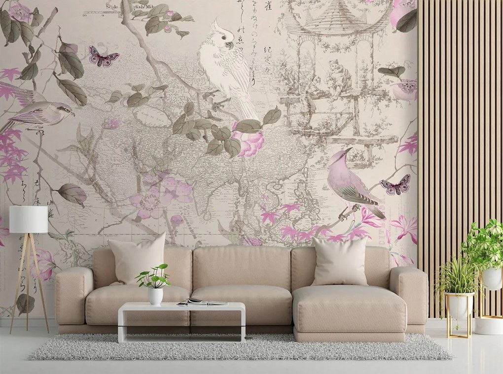 Gario Fototapeta Vtáky na ružových vetvách - Andrea Haase Materiál: Vliesová, Rozmery: 200 x 140 cm