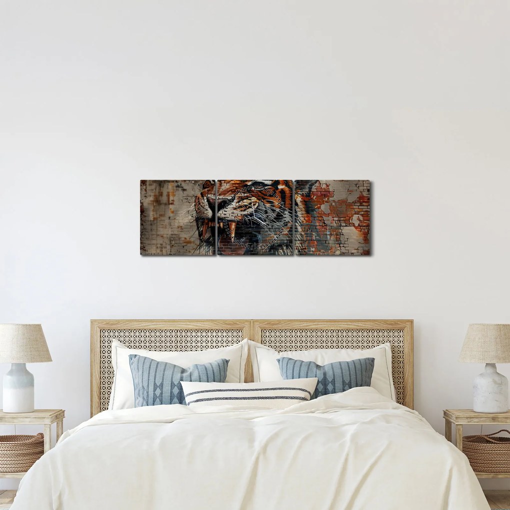 Obraz - Tiger z tehál (s hodinami) (90x30 cm)