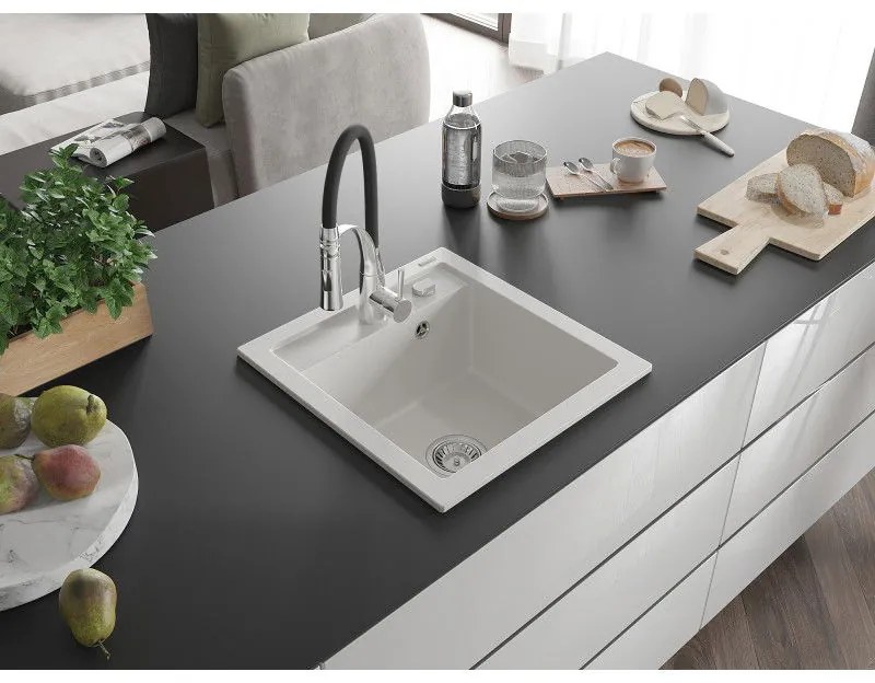 Mexen Vito, 1-komorový granitový drez 490x520x210 mm a drezová batéria Aster, biela, 6503-20-73450-07