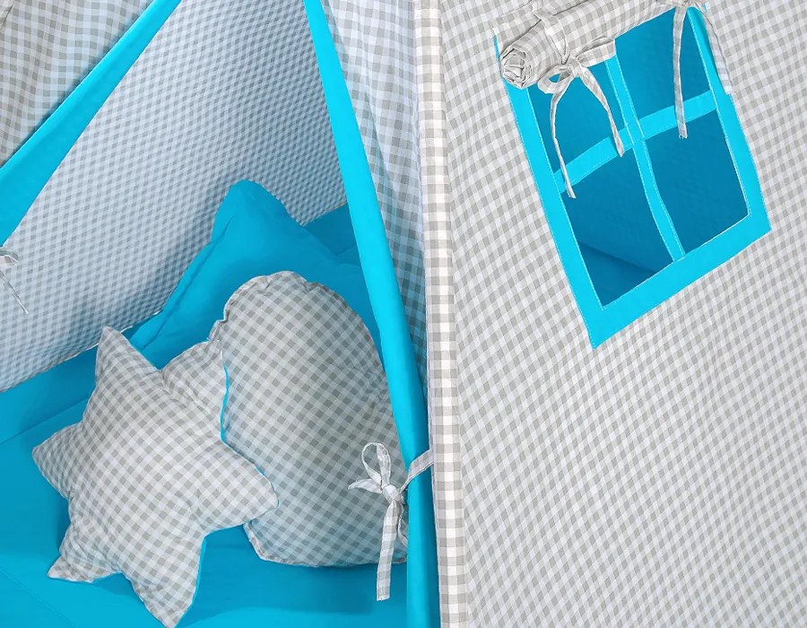 Bobono Stan Teepee pre deti + podložka na hranie + ozdobné pierka - Šedá kockovaná tyrkysová