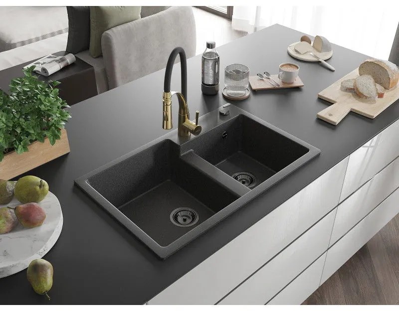 Mexen Tomas, 2-komorový granitový drez 800x500x190 mm a drezová batéria Aster, čierna škvrnitá, 6516-76-73450-57-B