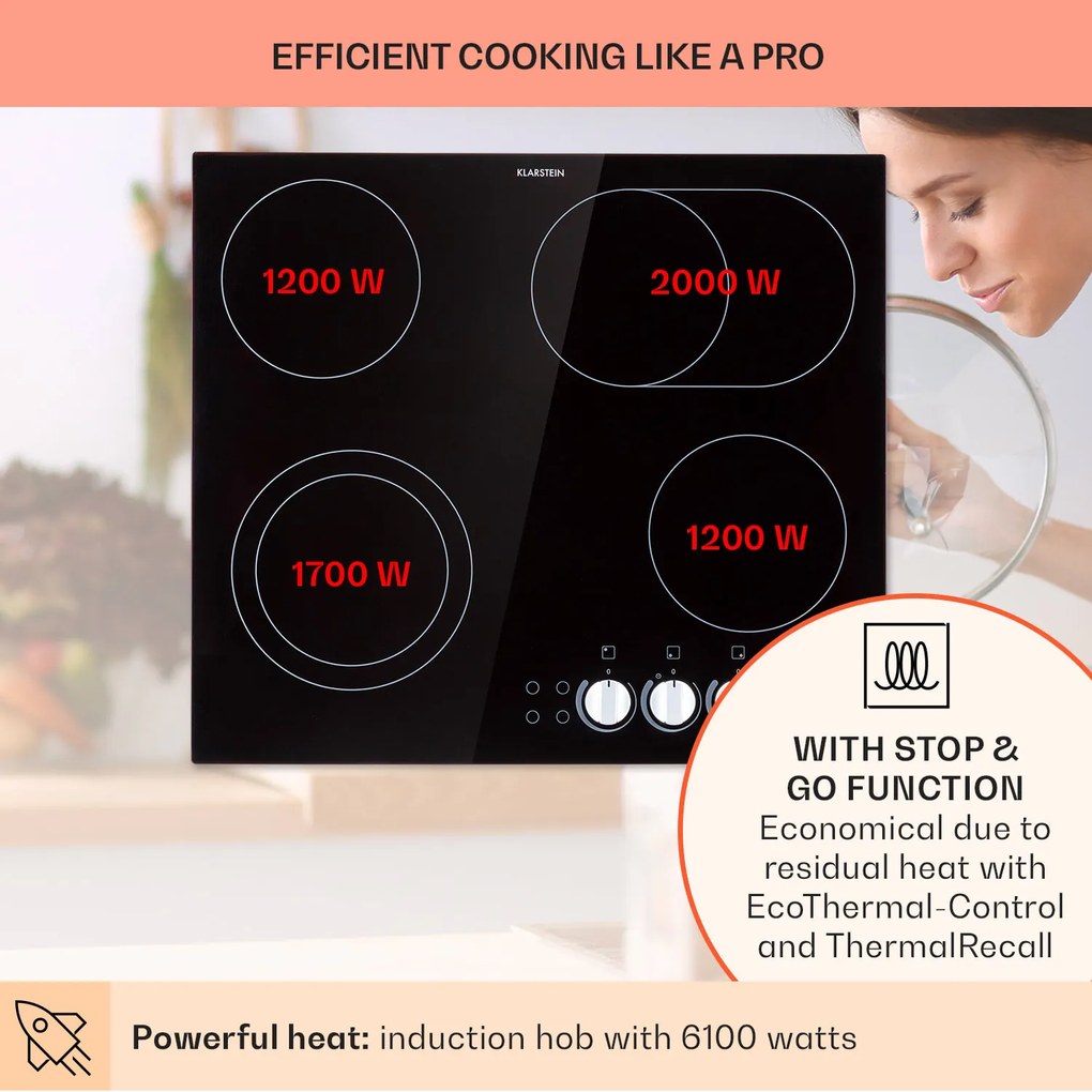 Klarstein EasyCook, sklokeramická varná doska, 6100 W, otočný regulátor, čierna