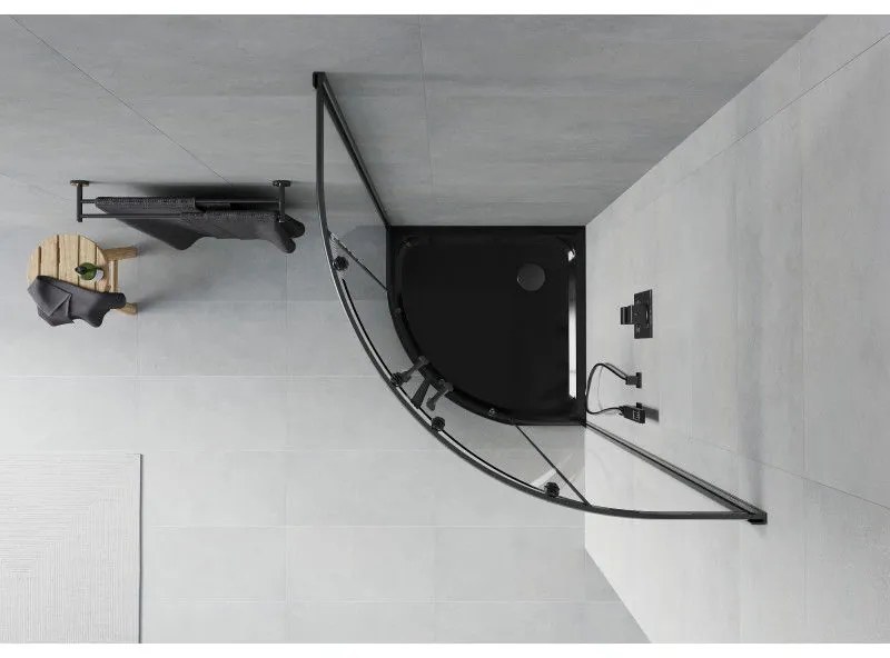 Mexen Rio, štvrťkruhový sprchovací kút s posuvnými dverami 90 x 90 cm, 6mm číre sklo, čierny profil + čierna sprchová vanička, 863-090-090-70-00-4170B