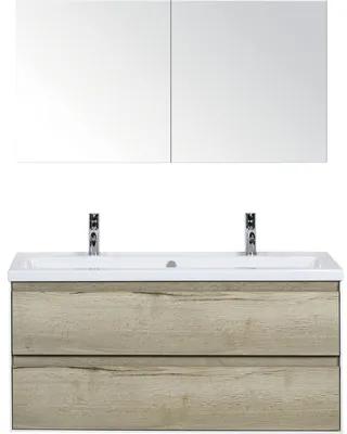 Kúpeľňový nábytkový set Evora 120 cm s keramickým umývadlom 2 otvormi na kohúty a zrkadlovou skrinkou dub prírodný