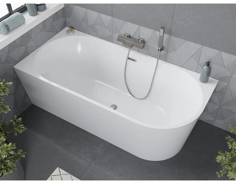 Mexen Mia, voľne stojaca rohová vaňa, lavá, 150 x 75 cm, biela, brúsená oceľ prepad, 52691507500L-97