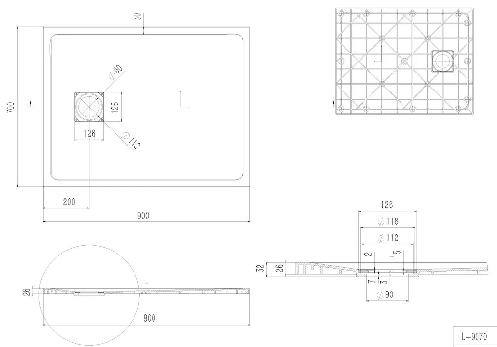 Erga Hyper, SMC sprchová vanička 90x70x2,6 cm + sifón, biela matná, ERG-V06-SMC-7090S-WH