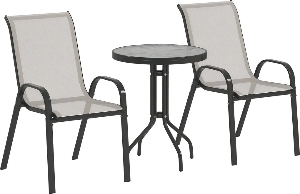 Outsunny 3-dielny bistro set do exteriéru — 2 stohovateľné kreslá a okrúhly stolík s tvrdeným sklom, textilén, svetlosivý | Aosom