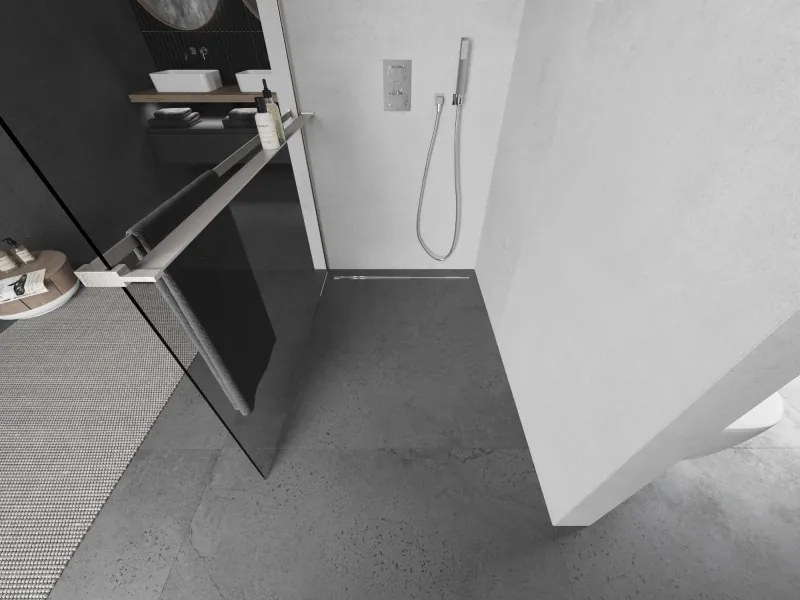 Mexen Kioto+, sprchová zástena Walk-In s poličkou a vešiakom 70 x 200 cm, 8mm číre sklo, brúsená oceľ profil, 800-070-121-97-00