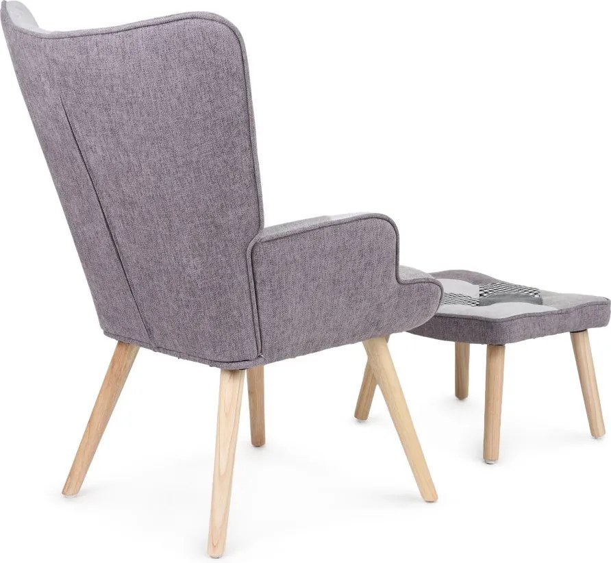Relaxačné kreslo ušiak LISA + taburet — masív, látka, čiernobiely patchwork
