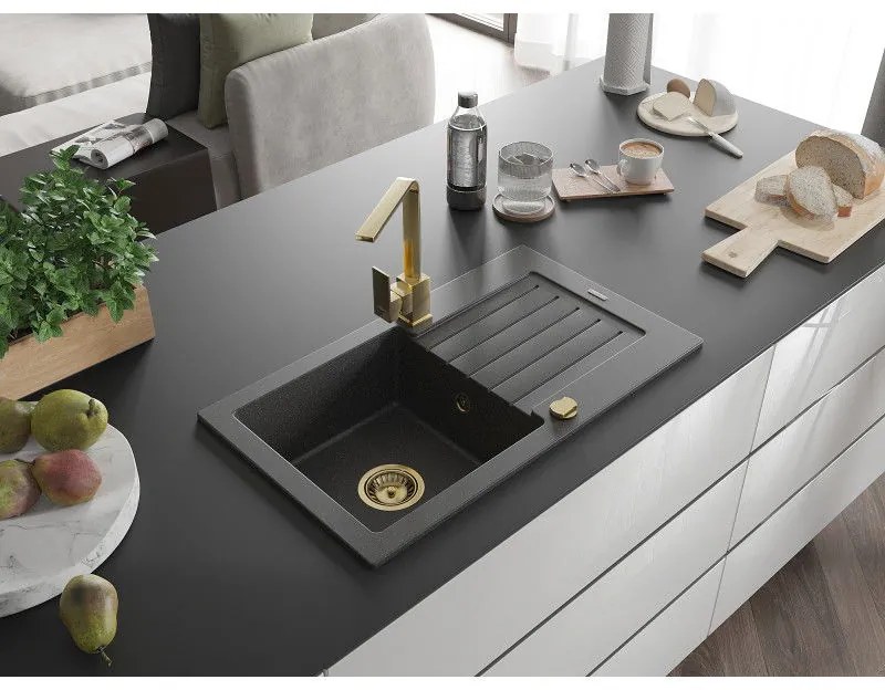 Mexen Pablo, granitový drez 752x436x161 mm, 1-komorový a zlatá batéria Rita, čierna škvrnitá, 6510-76-670300-50