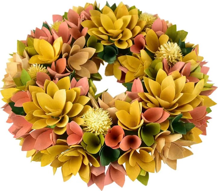 Veniec z drevených kvetov 30 cm, horčicová