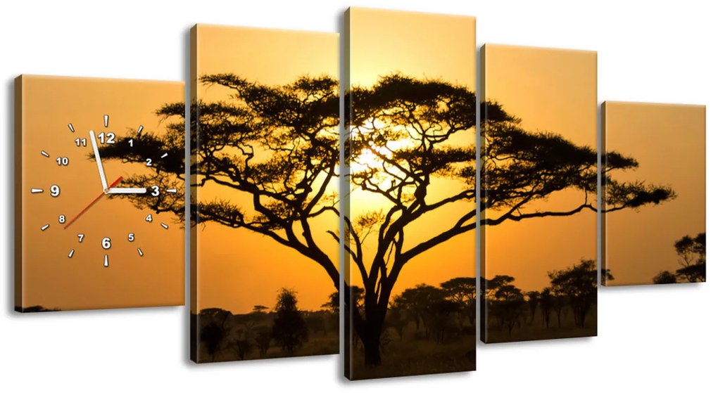 Gario Obraz s hodinami Akácia v Serengeti - 5 dielny Rozmery: 150 x 70 cm