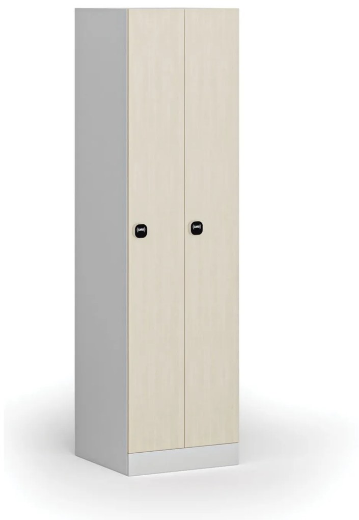 Kovová šatníková skrinka zúžená, 2 oddiely, 1850 x 500 x 500 mm, zámok s čítačkou RFID kariet, laminované dvere, breza