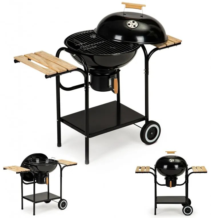 Záhradný gril na drevené uhlie s vekom, policami, roštom a popolníkom,