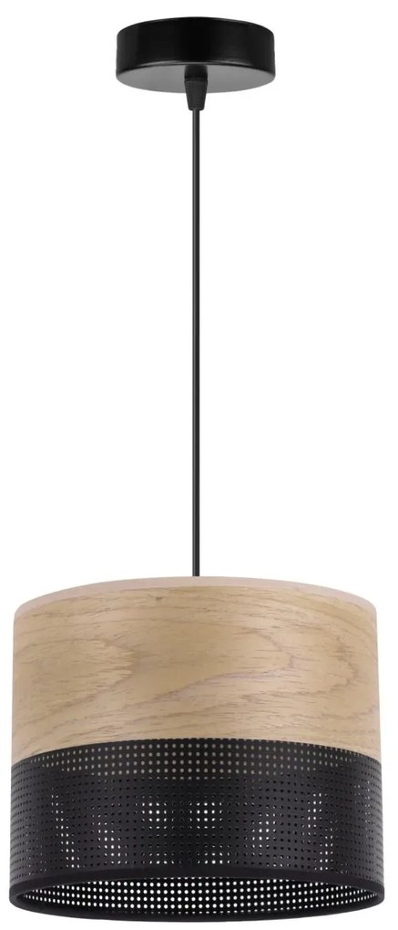 Závesné svietidlo Wood, 1x dýha zlatý dub/čierne PVC tienidlo, (fi 20cm)