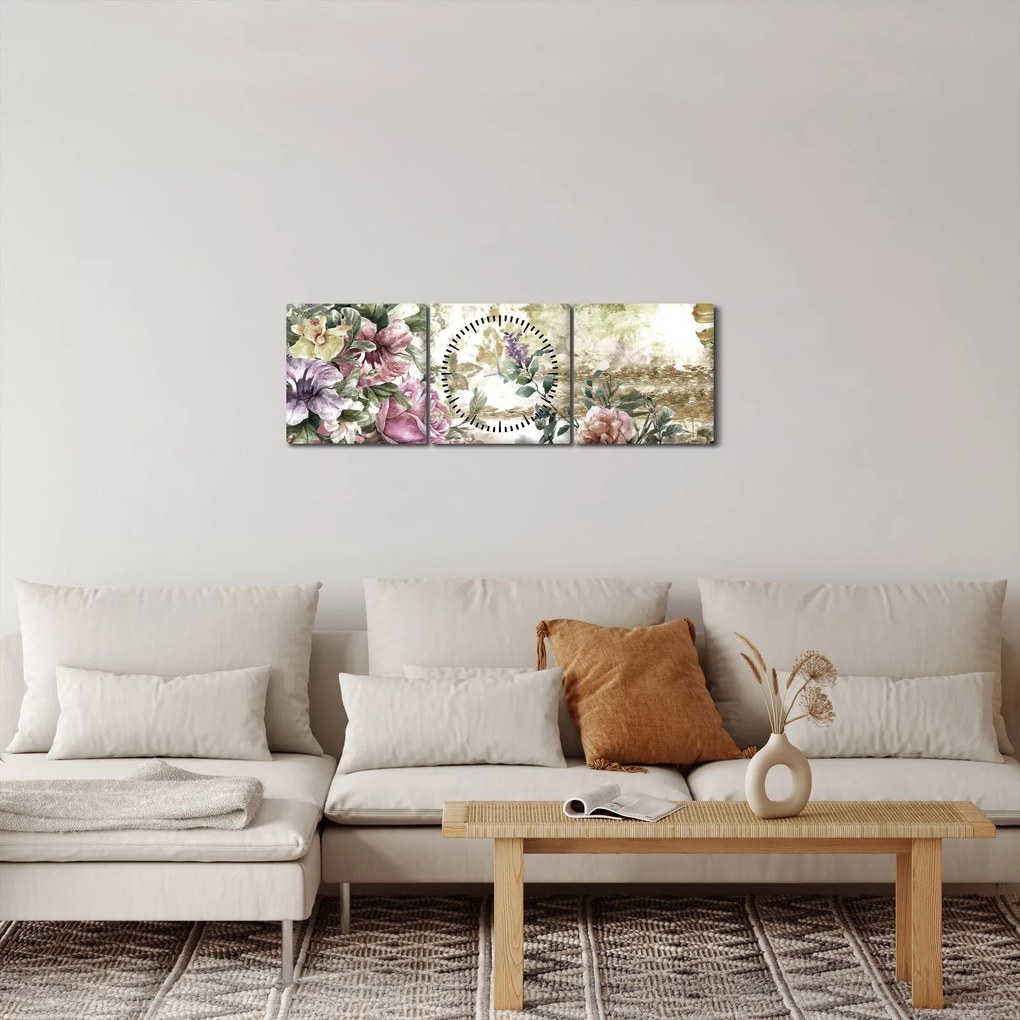 Obraz - Dizajnové kvety (s hodinami) (90x30 cm)