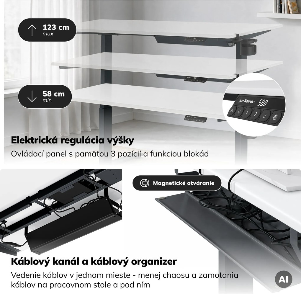 Elektrický stôl s nastavením výšky ergonomický antracitovo-bieli, 1600x800 mm: ARIA