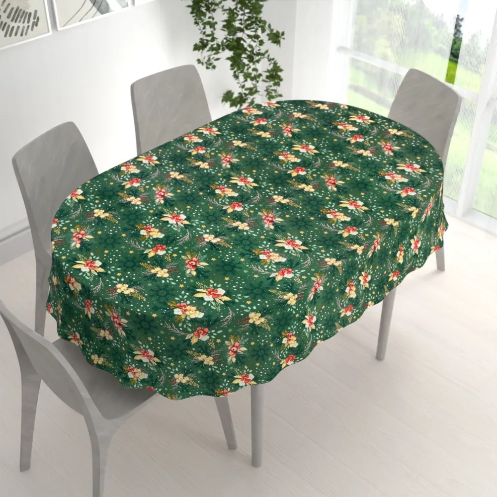 Biante Bavlnený oválny obrus Sandra SA-713 Vianočné cezmíny na zelenom 120x160 cm