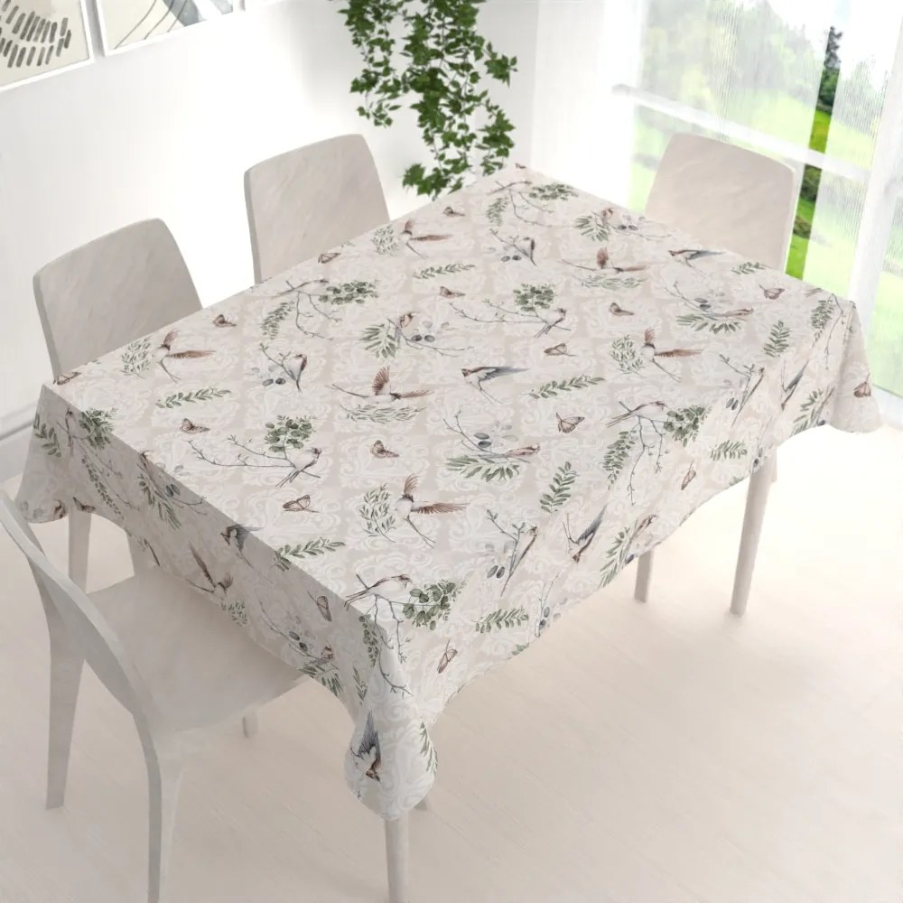 Biante Bavlnený obdĺžnikový obrus Sandra SA-490 Lastovičky s motýlikmi na béžovom ornamente 60x100 cm